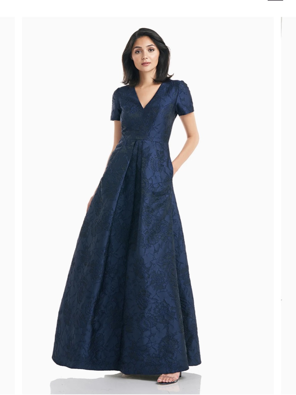 Kay Unger Rochelle V-Neck Jacquard Gown Navy Blue 14